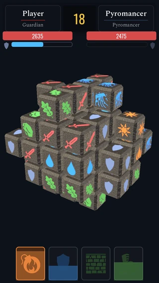 A duel in progress: a floating bundle of carved stone cubes marked with swords, shields, flames, water drops and leaves, with both fighters' health bars above and four ability slots below, the fire slot charged.
