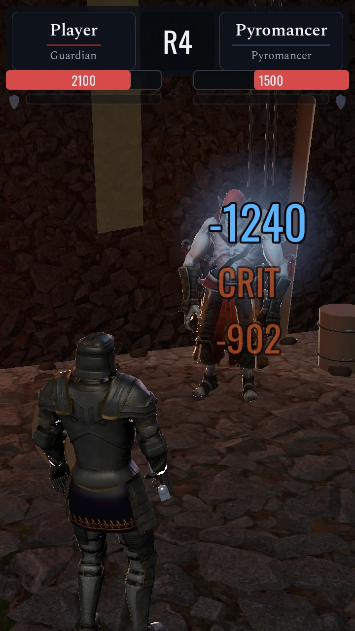 An armoured Guardian's blow lands on a Pyromancer in a torch-lit crypt, with a large damage number and the word CRIT rising over the target.