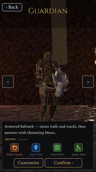Class select: the Guardian in full plate with a shield and warhammer, above a short description and four equipped ability icons.