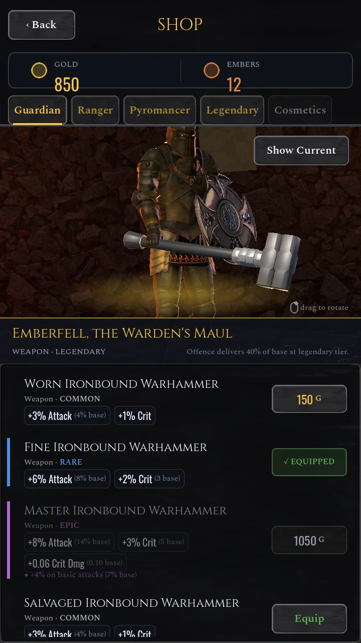 The shop: the Guardian holding a legendary warhammer in a 3D preview, above a list of warhammers at each tier with their prices.
