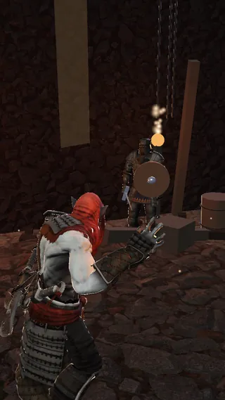 A pyromancer casting: an ember bolt leaves an outstretched hand toward a shielded guardian.