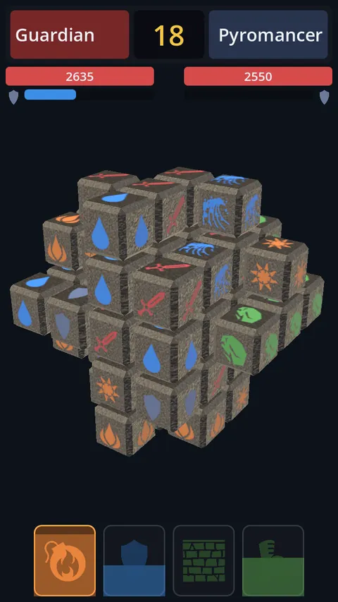 A duel in progress: a floating cluster of stone cubes marked with swords, flames, water drops and leaves, with both fighters' health bars above and four ability slots below.