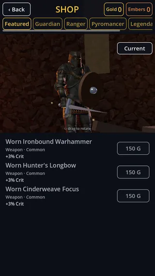 The shop, with a rotatable 3D preview of the equipped fighter above a list of weapons and their prices in gold.