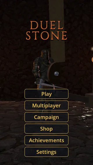 The Duel Stone title screen: the wordmark carved in stone and lit with ember, above Play, Multiplayer, Campaign, Shop, Achievements and Settings.