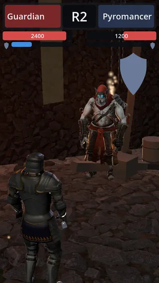 An armoured guardian faces a goblin raider across a torch-lit crypt floor as the round resolves.